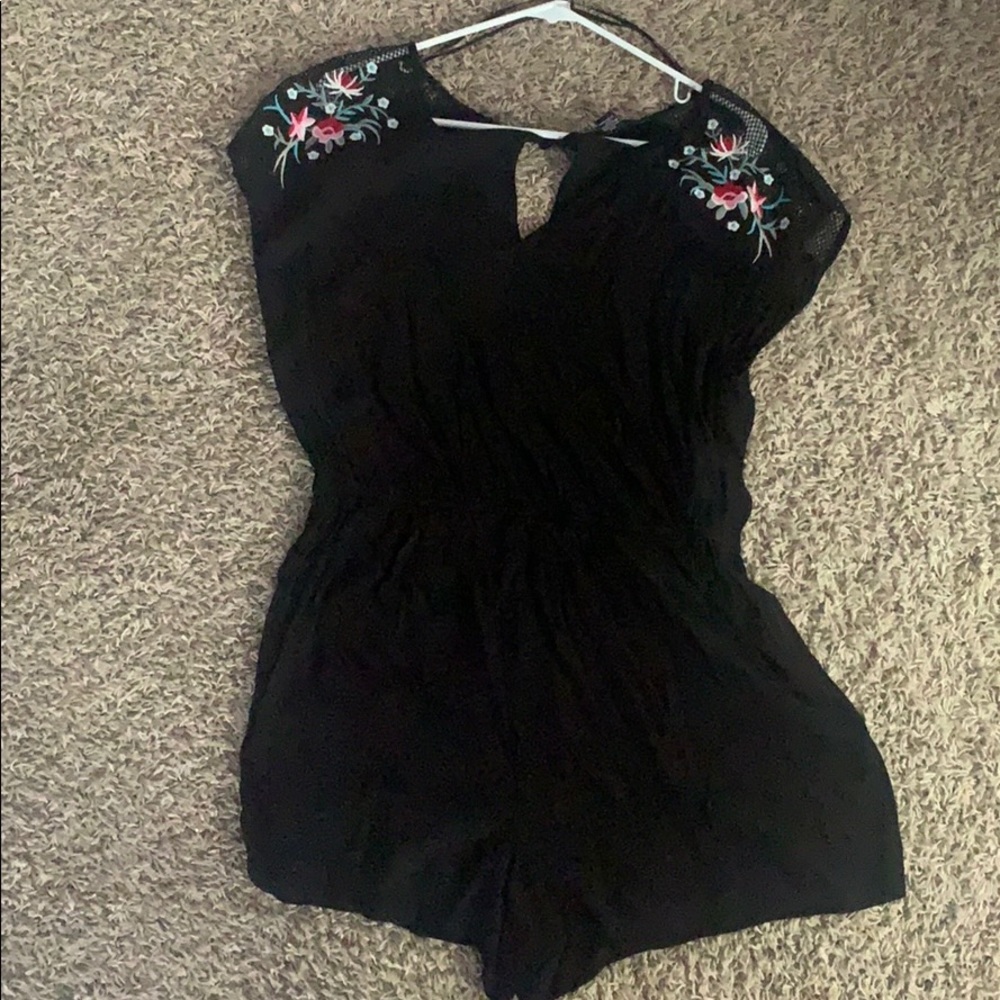 Black romper rayon with flower embroidery